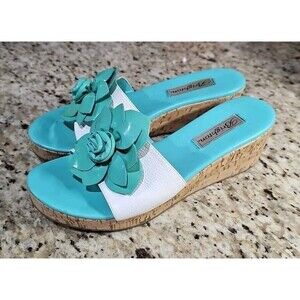 Brighton Helena Ivory Leather Lakeblue Flower Cork Wedge Slides Sandals Sz 9 J01